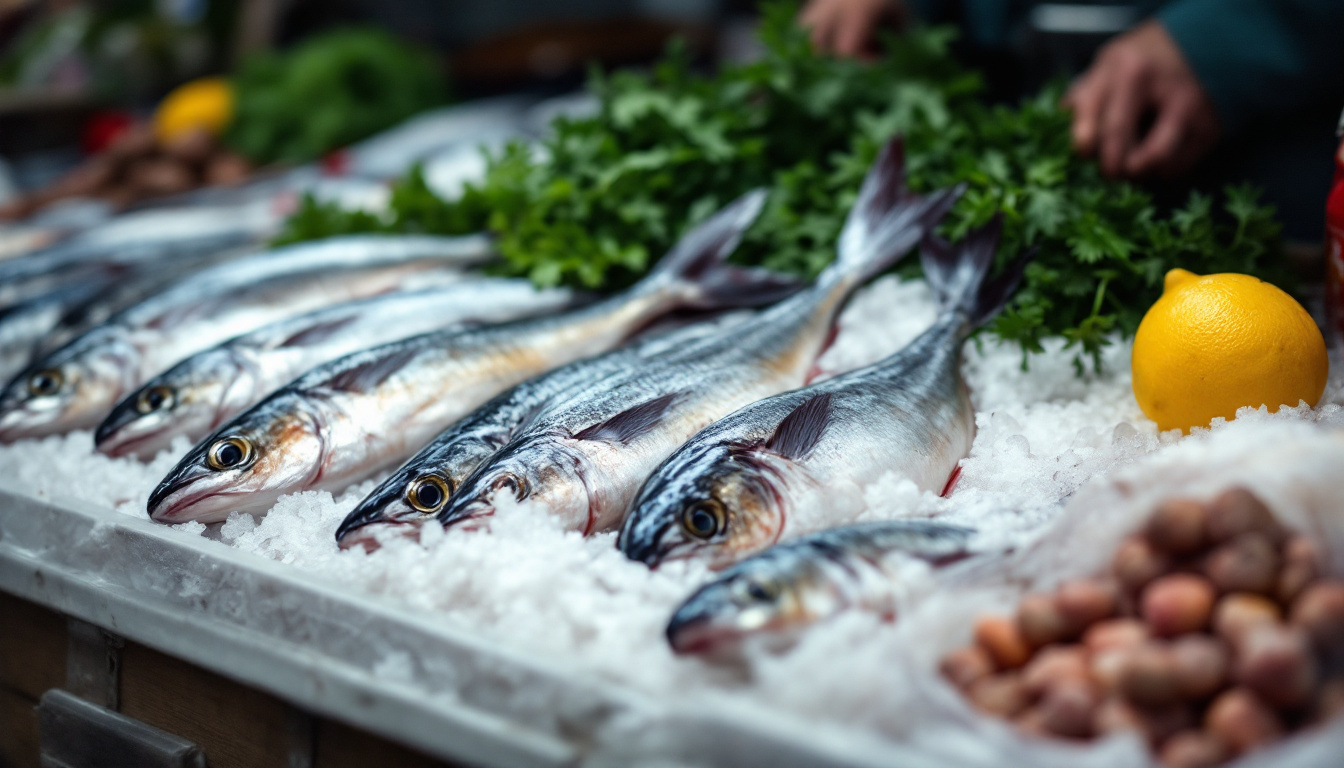Ganze frische Fische liegen auf zerstoßenem Eis in einer Marktauslage, daneben Zitronen und Petersilie.