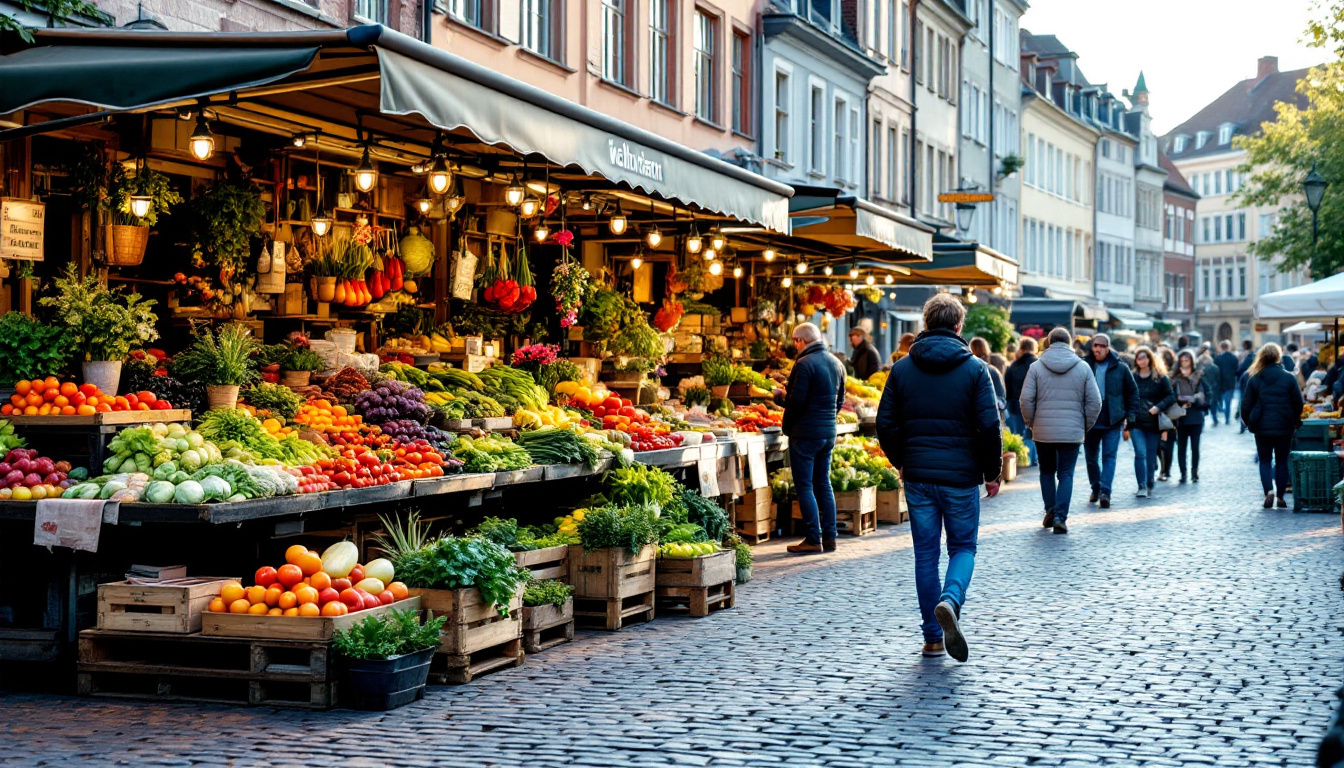 Ein Wochenmarkt auf einem Kopfsteinpflasterplatz mit bunten Marktständen voller Obst, Gemüse und Blumen, zwischen denen einige Menschen einkaufen, im Hintergrund historische Häuserfassaden.