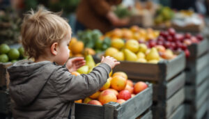 Ein kleines Kind von hinten greift nach einer Kiste bunter Äpfel und Birnen an einem Marktstand, eine erwachsene Hand führt es dabei.