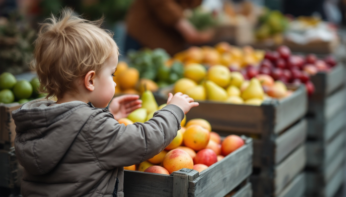 Ein kleines Kind von hinten greift nach einer Kiste bunter Äpfel und Birnen an einem Marktstand, eine erwachsene Hand führt es dabei.