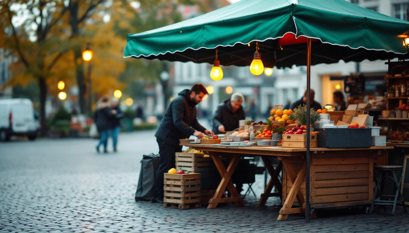 Ein leerer Marktstand mit grünem Sonnendach und Holztisch wird am frühen Morgen auf einem gepflasterten Platz aufgebaut.