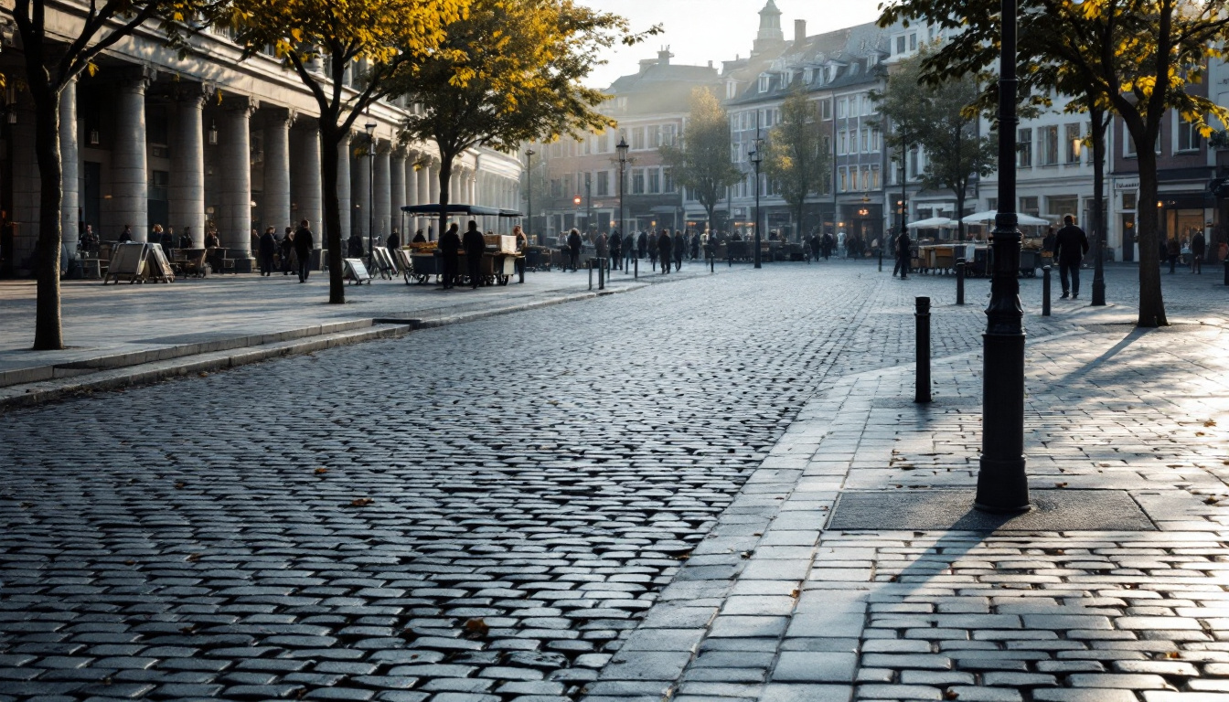 Gepflasterter Marktplatz am frühen Morgen mit noch zusammengeklappten Ständen und Handwagen am Rand.