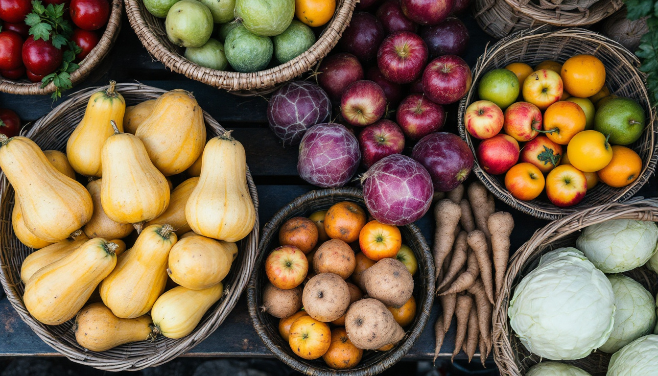 Von oben fotografierte Körbe mit Kürbis, Äpfeln, Kohl und Wurzelgemüse auf einem Markttisch.