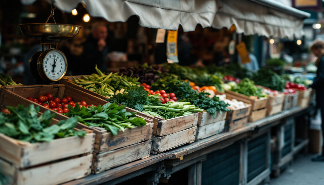 Marktstand mit offenen Holzkisten voller Gemüse und einer hängenden Waage unter einer Markise.