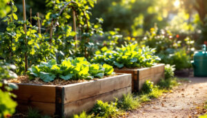 Ideen für den Gemüsegarten: schmale Hochbeete mit Mulch, Salat, Mangold und Bohnen an einem Rankbogen