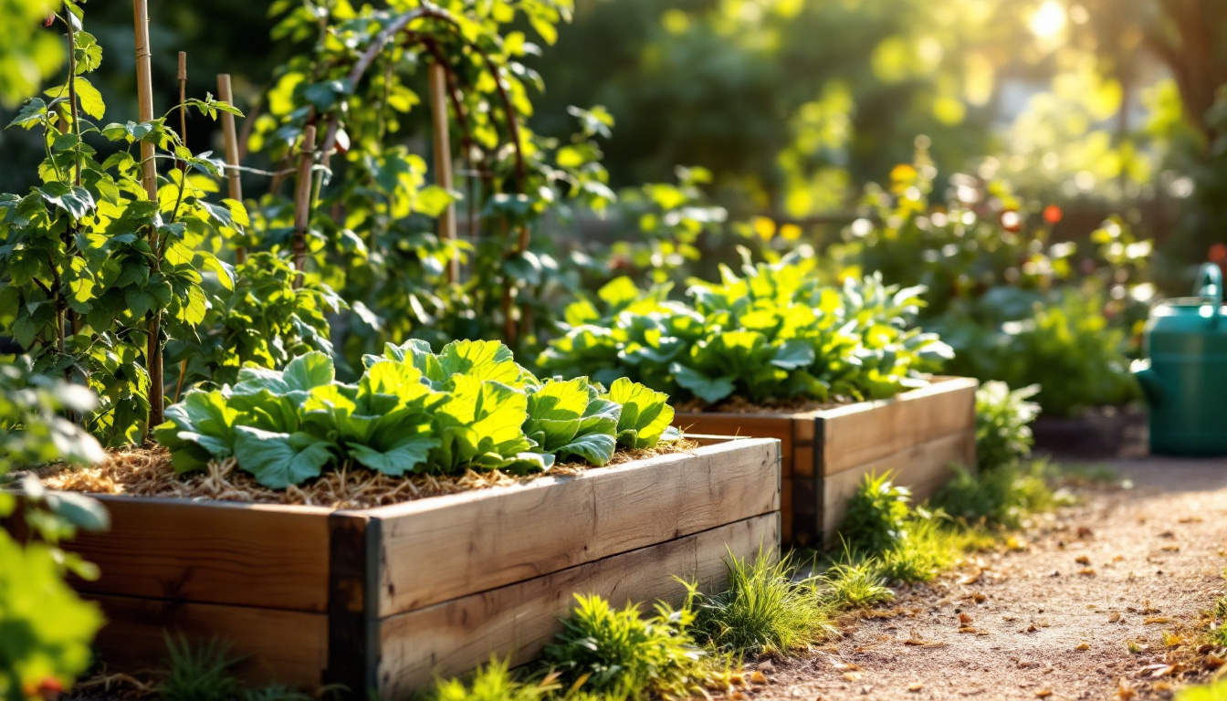 Ideen für den Gemüsegarten: schmale Hochbeete mit Mulch, Salat, Mangold und Bohnen an einem Rankbogen