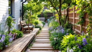 Ideen für den Reihenhausgarten: schmaler Garten mit Holzterrasse, diagonalem Weg, Stauden und begrüntem Rankgitter