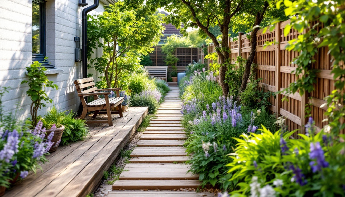Ideen für den Reihenhausgarten: schmaler Garten mit Holzterrasse, diagonalem Weg, Stauden und begrüntem Rankgitter