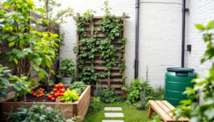 Kleine Garten-Ideen: Reihenhausgarten mit Hochbeet, Spalierobst an der Wand und Rankgitter mit Stangenbohnen
