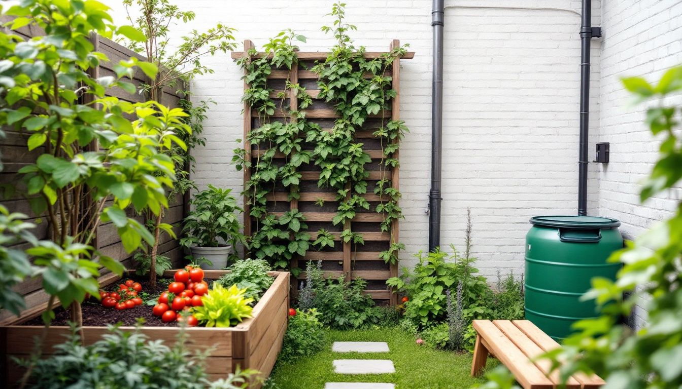 Kleine Garten-Ideen: Reihenhausgarten mit Hochbeet, Spalierobst an der Wand und Rankgitter mit Stangenbohnen