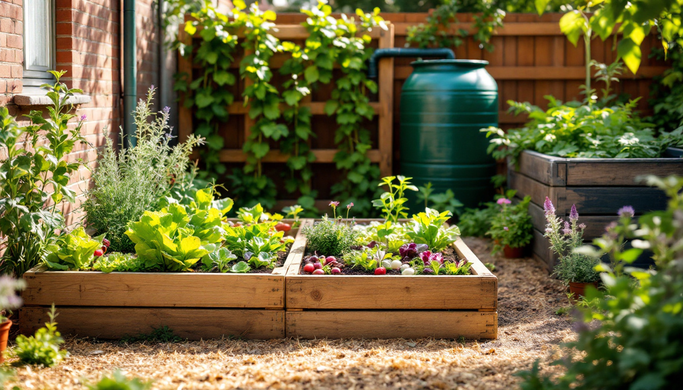Kleiner Garten mit Quadratbeet, Rankgitter, Regentonne und Palettenkompost – kleines Gartenstück nachhaltig genutzt