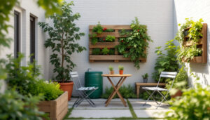 Sehr kleinen Garten gestalten: Innenhof mit Hochbeet, Wandbeet, Rankgitter und Bistrotisch
