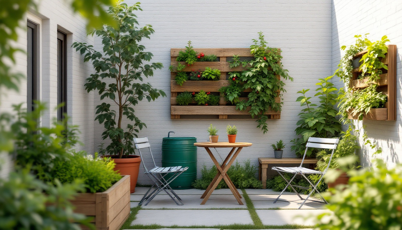 Sehr kleinen Garten gestalten: Innenhof mit Hochbeet, Wandbeet, Rankgitter und Bistrotisch