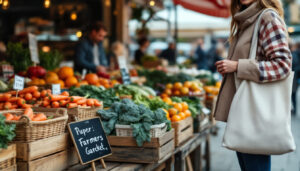 Marktstand mit saisonalem Gemüse und Stoffbeuteln auf einem der Wochenmärkte in Köln