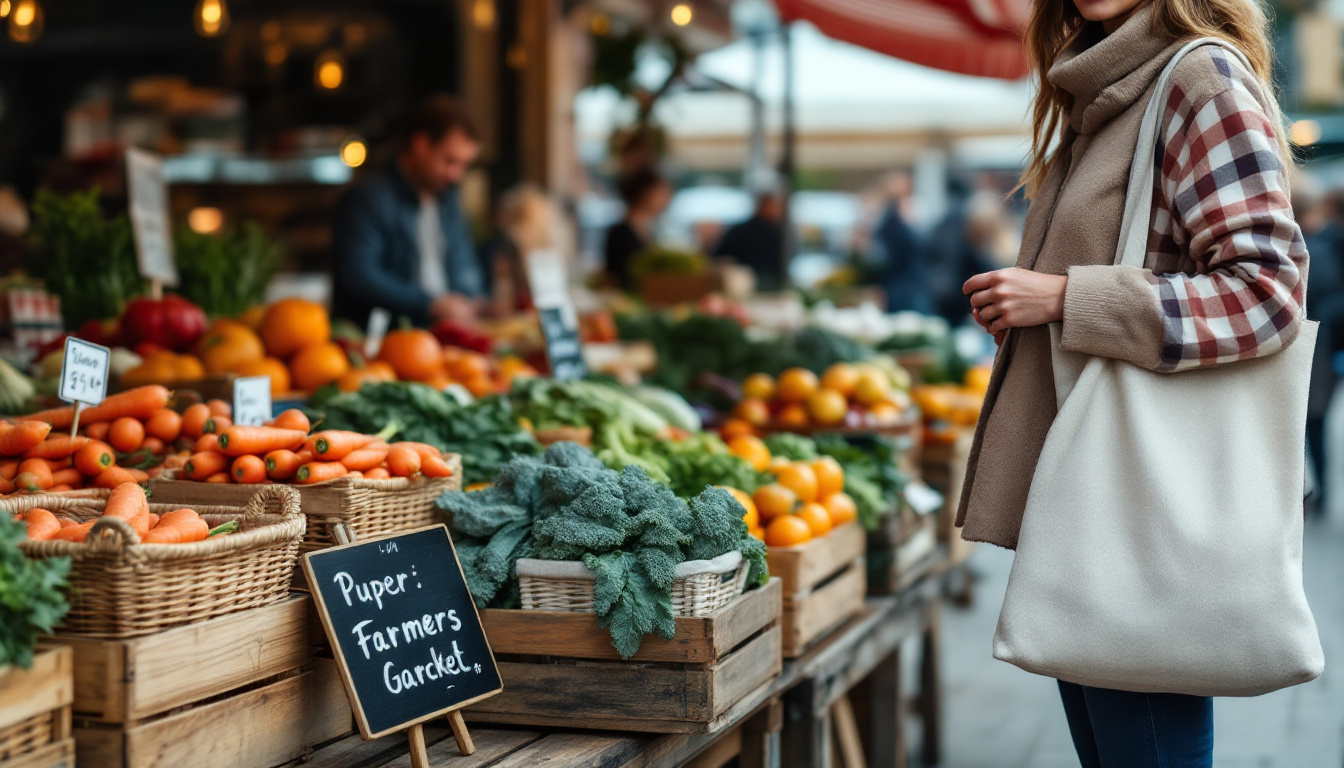 Marktstand mit saisonalem Gemüse und Stoffbeuteln auf einem der Wochenmärkte in Köln